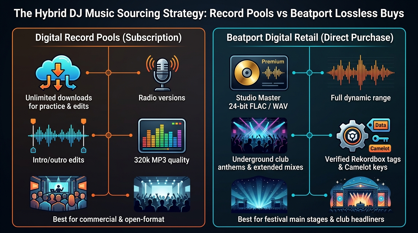 Hybrid DJ Music Sourcing: Record Pools vs Beatport Lossless Store Comparison