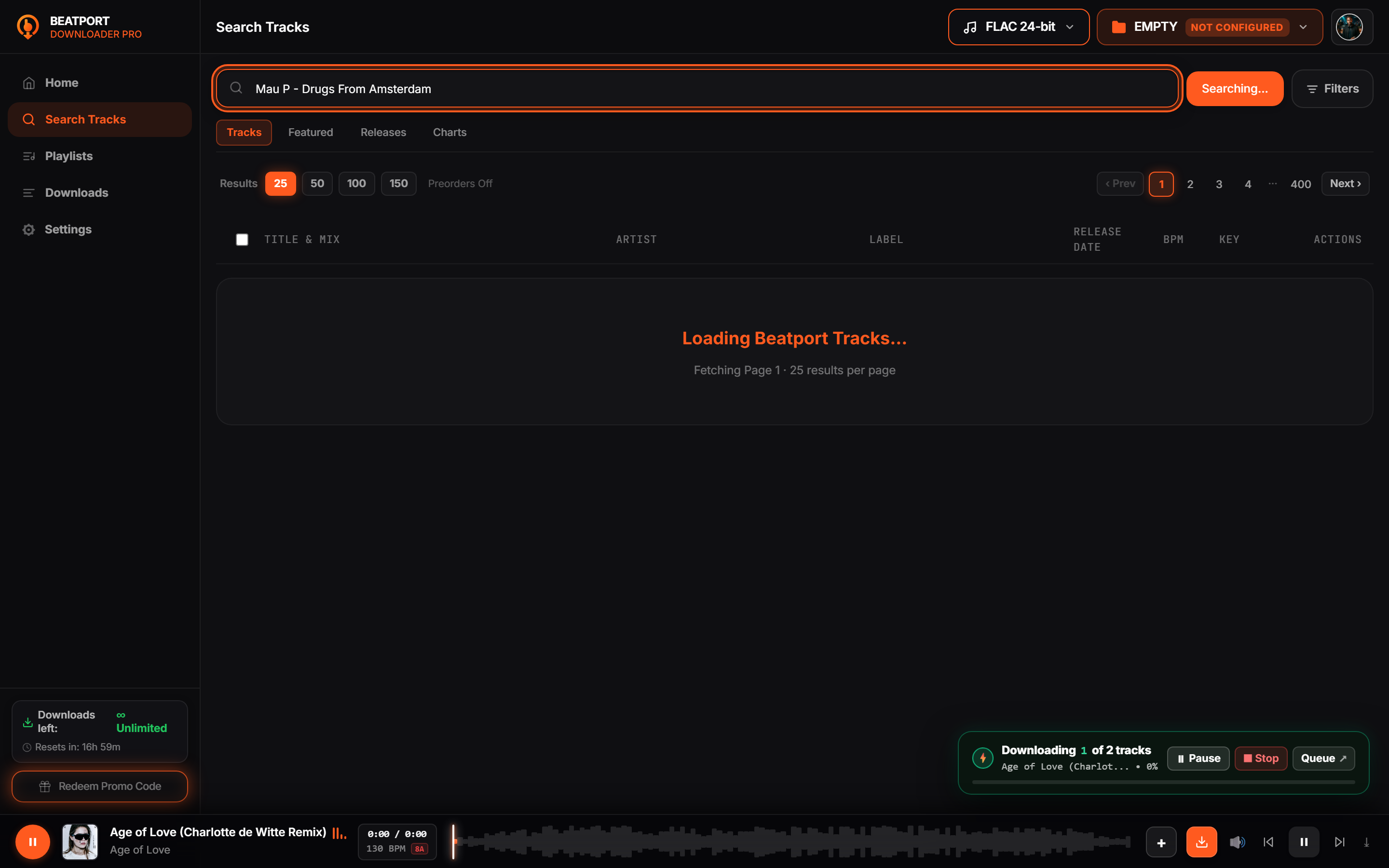 Entering track search query in Beatport Downloader PRO