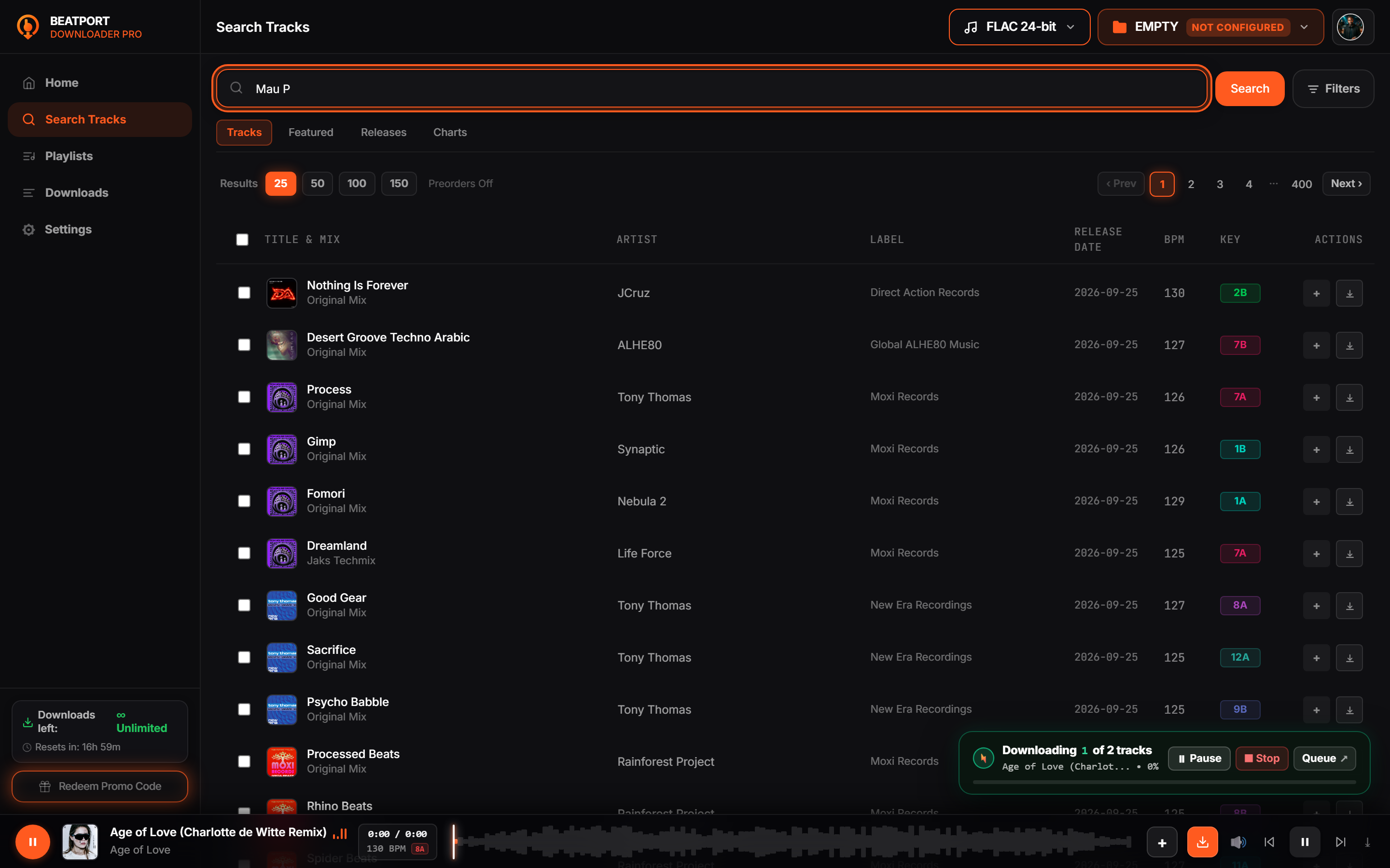 Track search results table with Camelot keys and format buttons