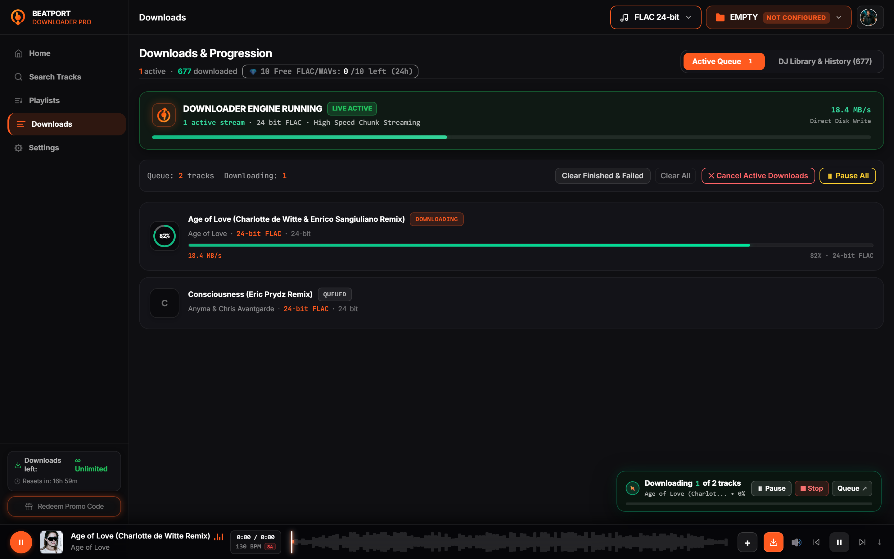 Active downloads queue showing progress rings and completed tracks