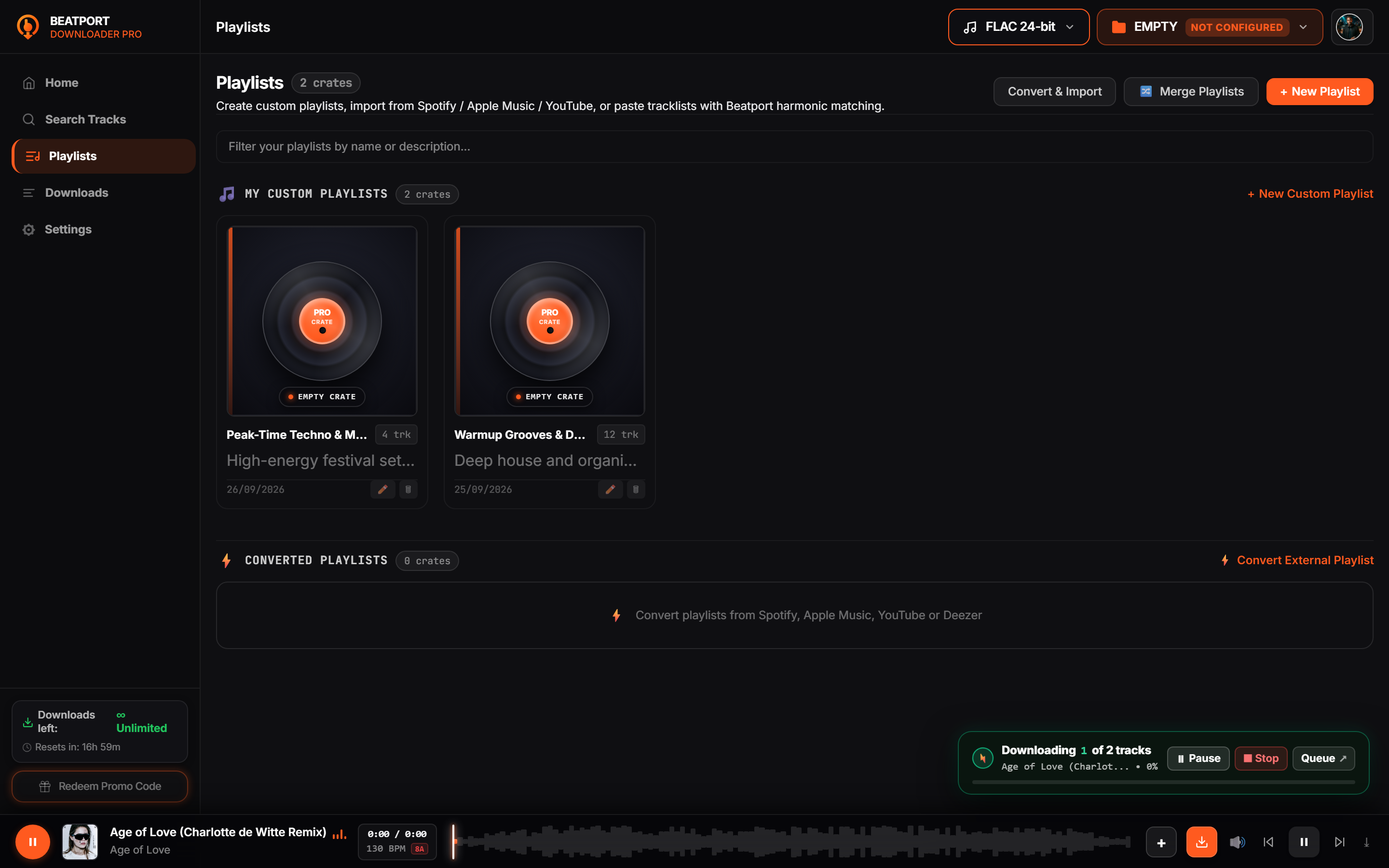 Opened playlist displaying saved tracks and batch download controls